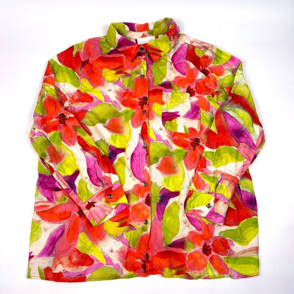 Sunny Leigh Watercolor Floral Linen Blend Button‎ Up Shirt Womens 2X Green Pink